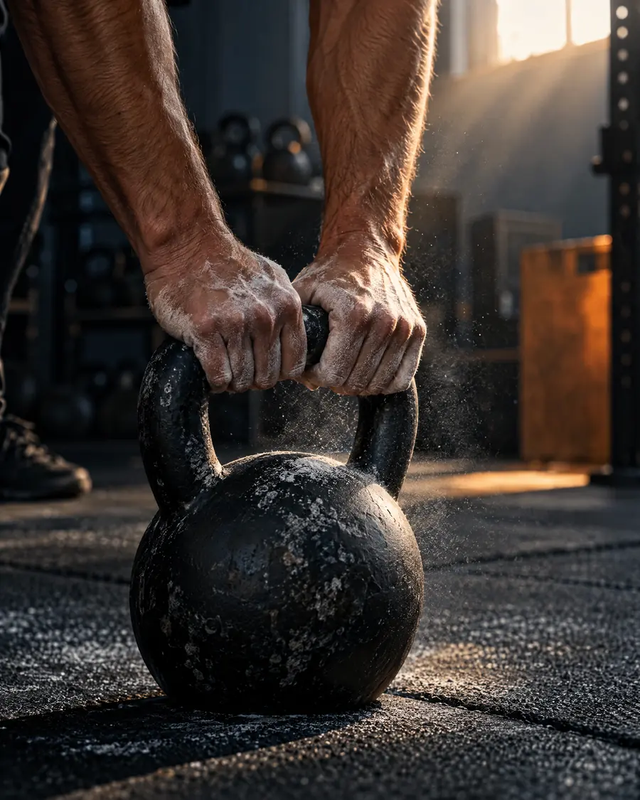 Chalked hands gripping a kettlebell