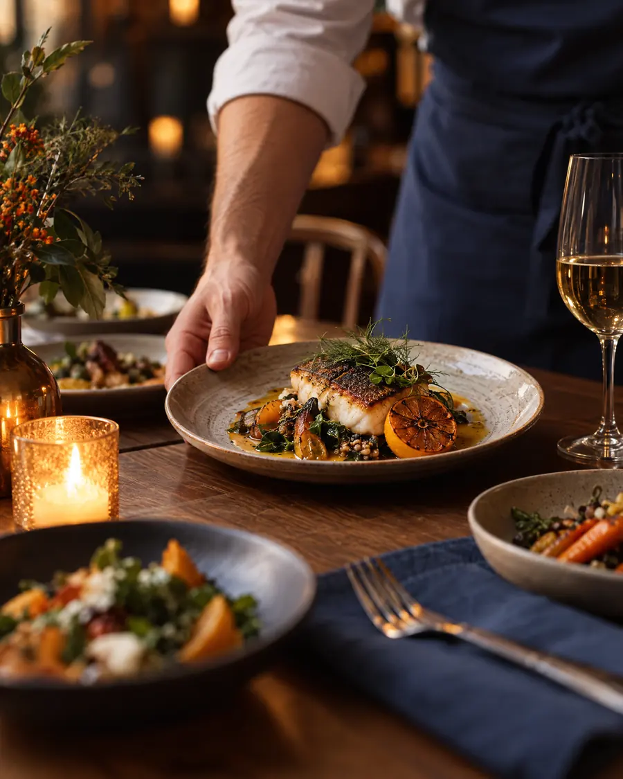 A chef placing a plated dish on a table