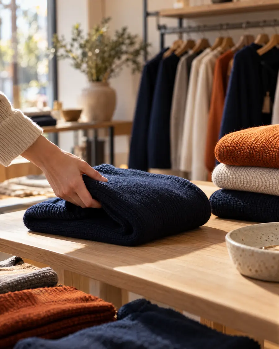 A hand folding a sweater on a display table