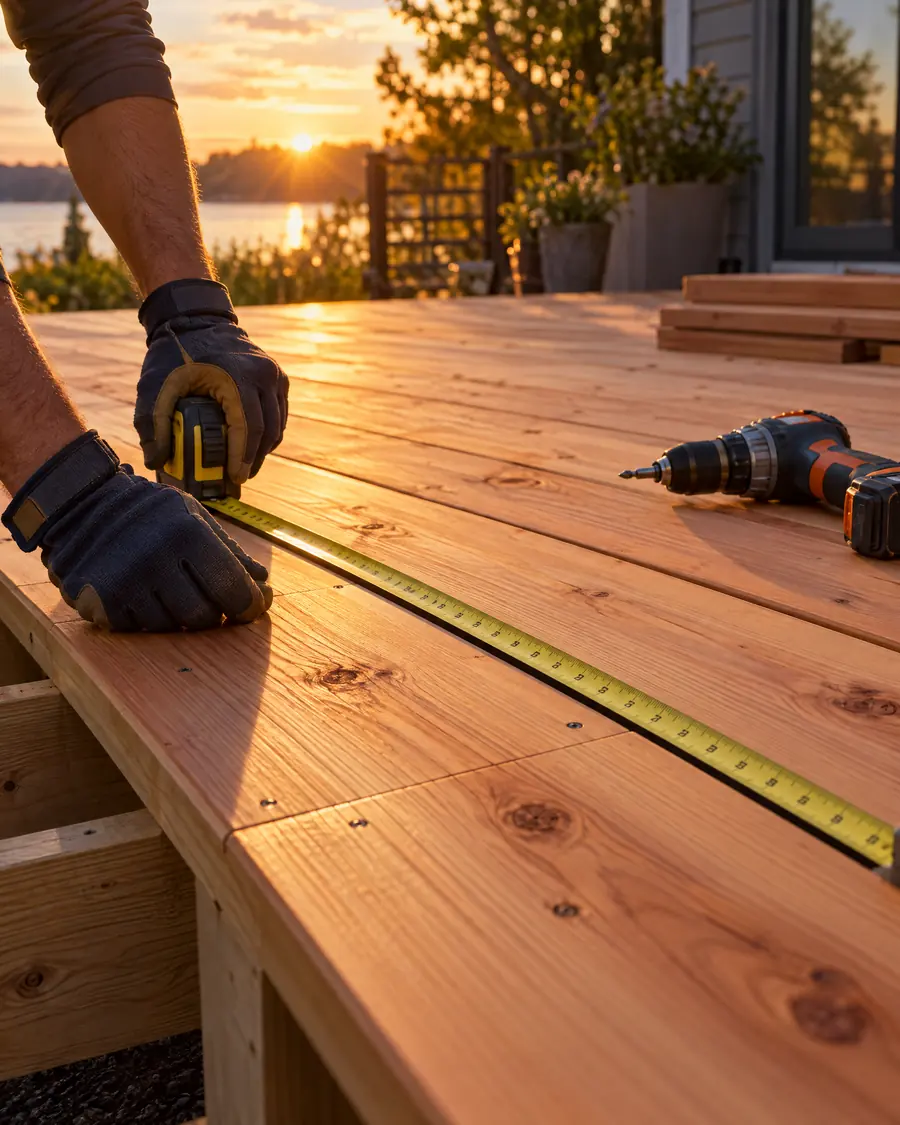 Gloved hands measuring new cedar decking