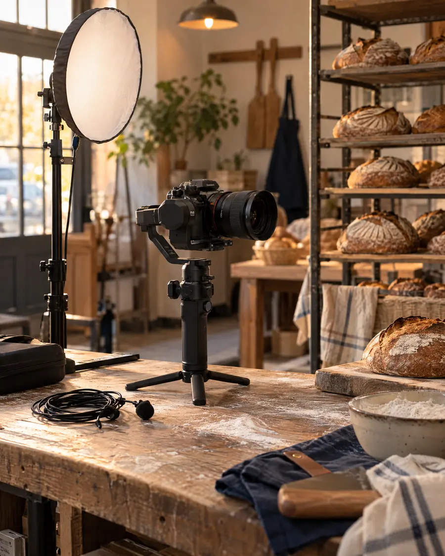A camera on a gimbal and a soft light set up inside a bakery