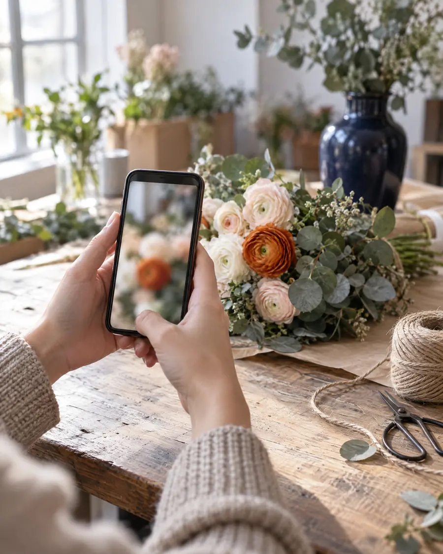 Hands filming a bouquet on a florist's table with a phone