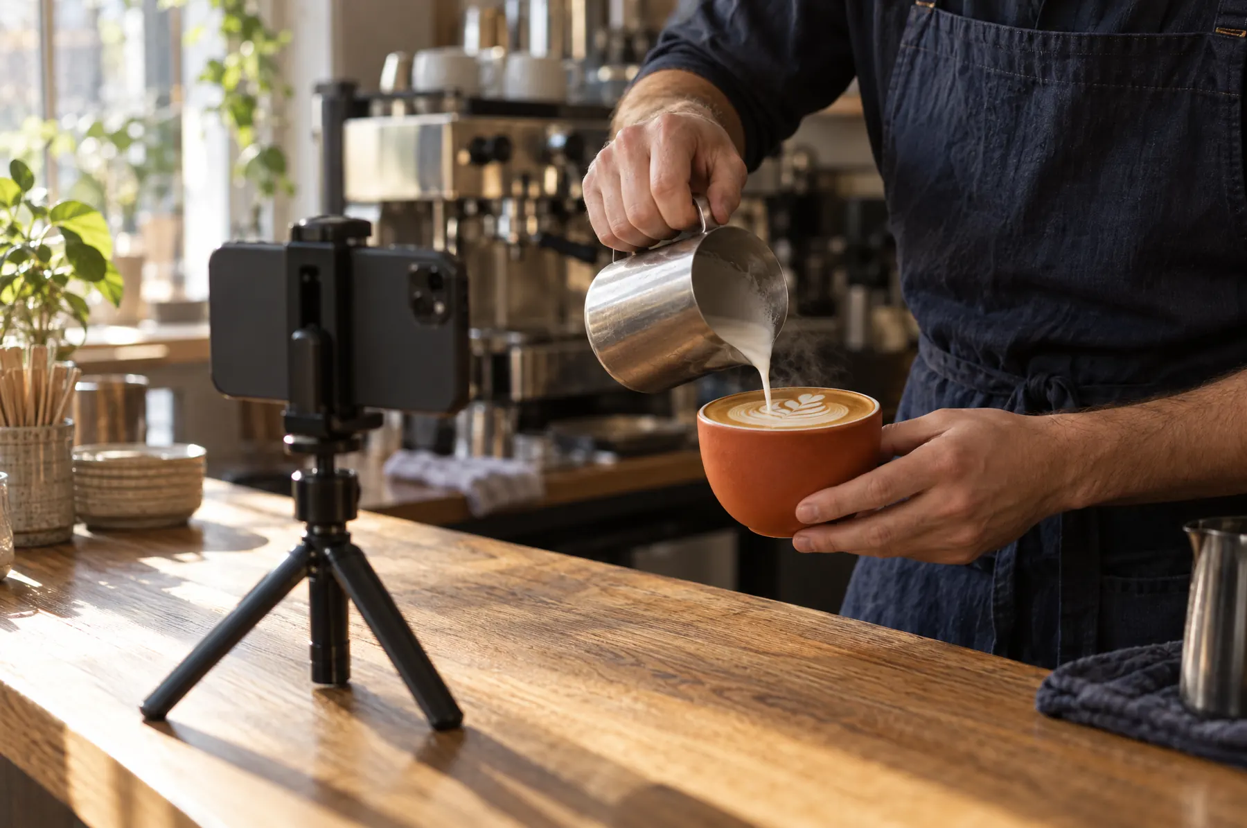 A phone on a small tripod filming a barista pouring latte art